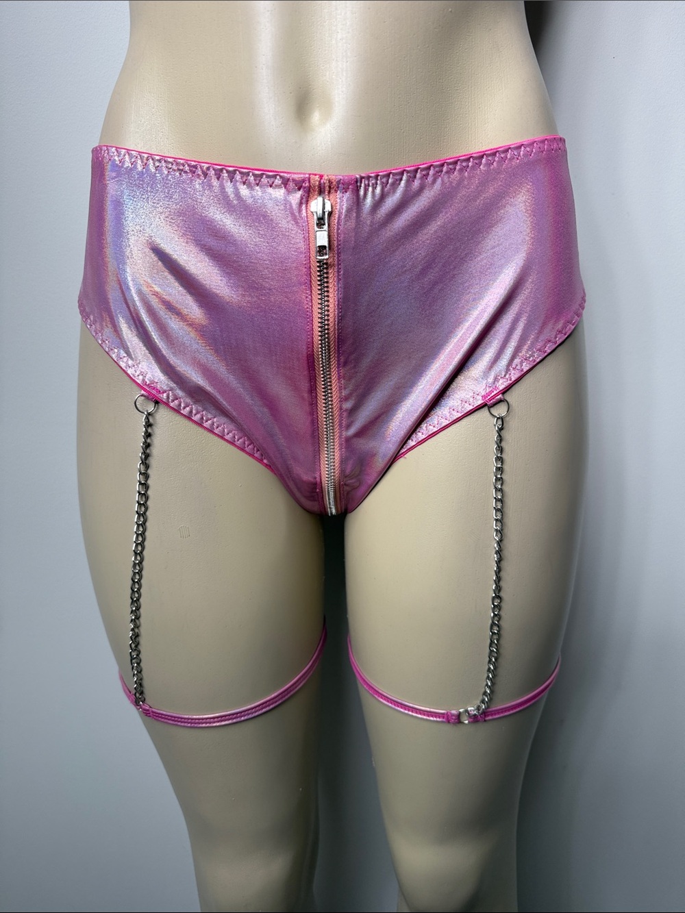 Pink Metallic High-Waist Zip Front Garter Briefs